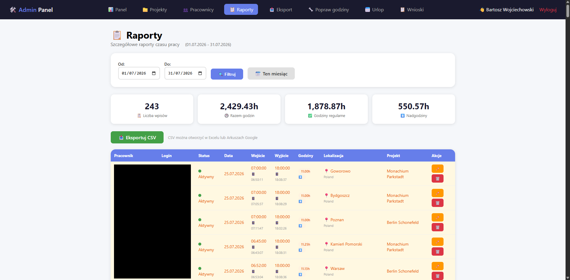 eEmployee Reports — detailed work logs with location and project data